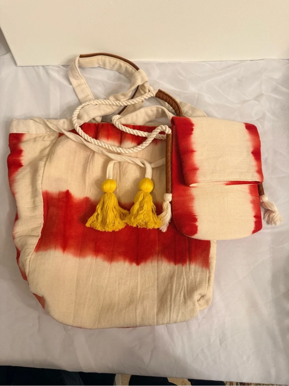 Tie-Dye Canvas Tote with Removable Pouch - Red & Cream